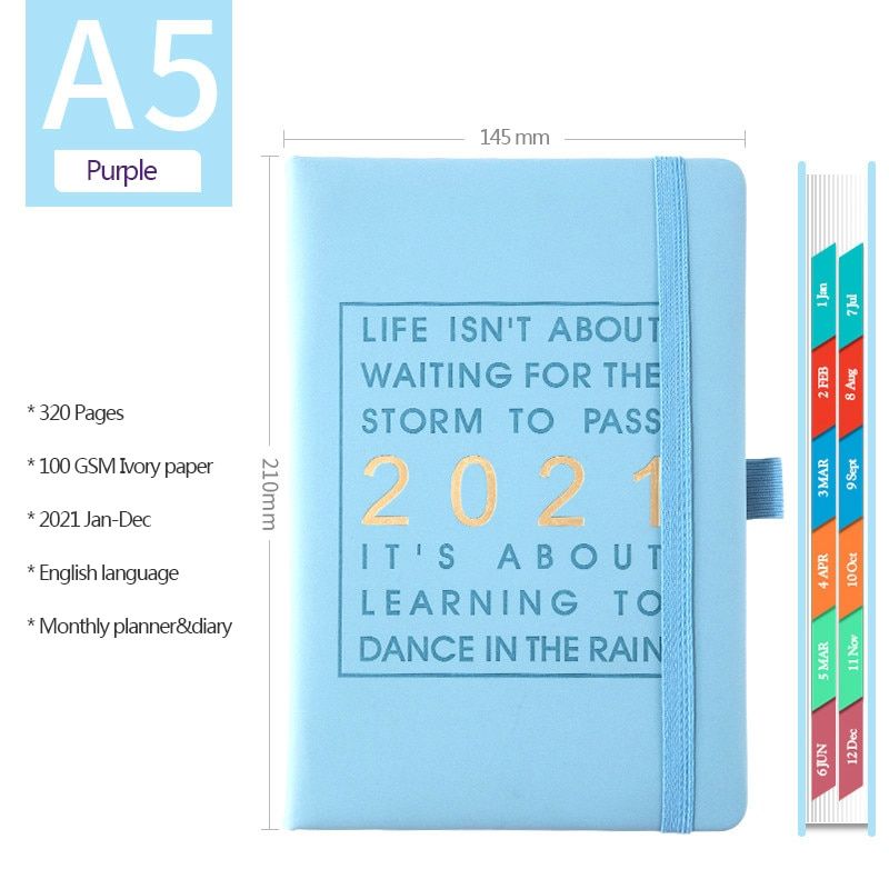 New Fashion Agenda 2021 Jan-Dec English language Thicken notebook A5 Leather soft cover School planner Efficiency journal(null)
