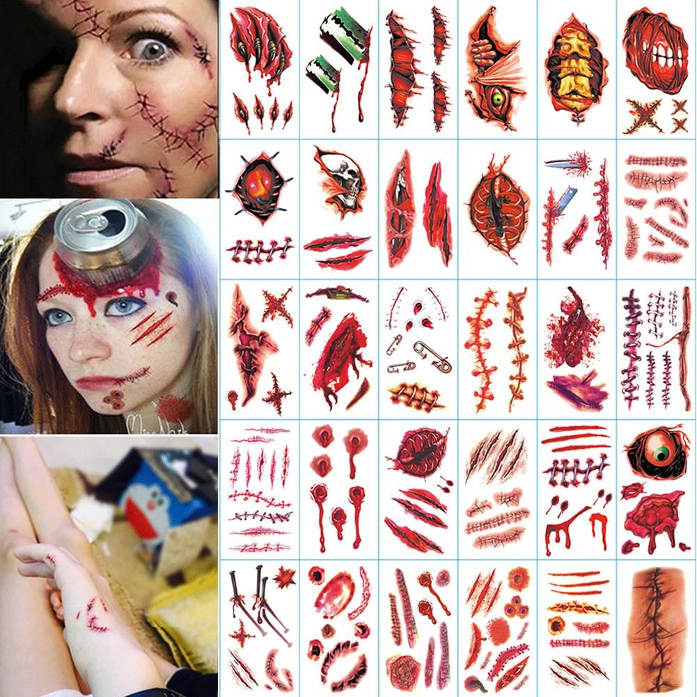 30PCS Halloween Tattoo Stickers Face Simulation Knife Horror Waterproof For Kids Women Men