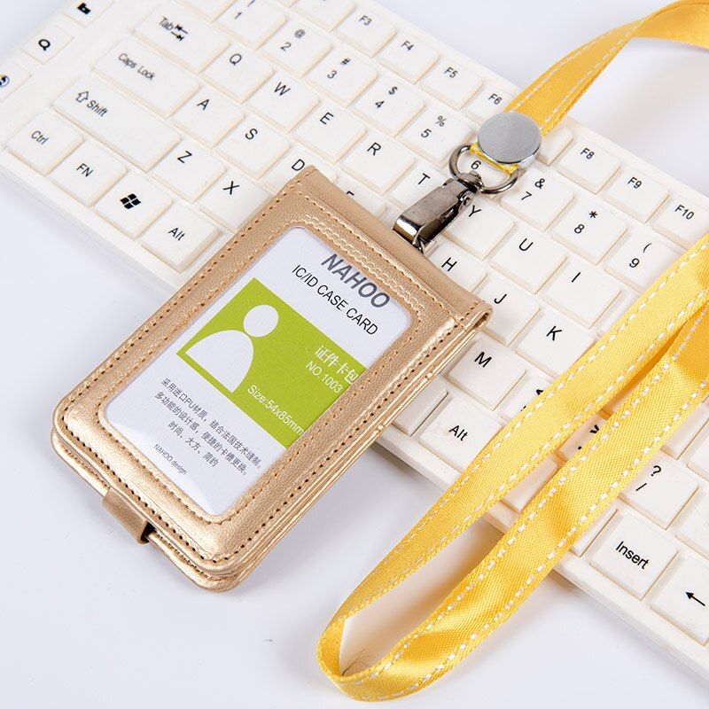 NAHOO Leather Card Holder Candy Colors Name Tag Exhibition Cards Business Badge Holder With Lanyard School Office Supplies