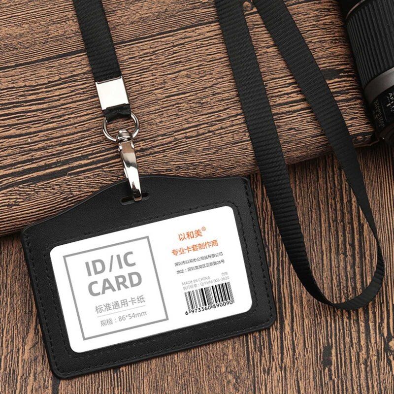 ID IC Card Badge Holder with Lanyard PU Leather Credit Card Holder Name ID Badge Case with Hanging Rope Work Pass Holder