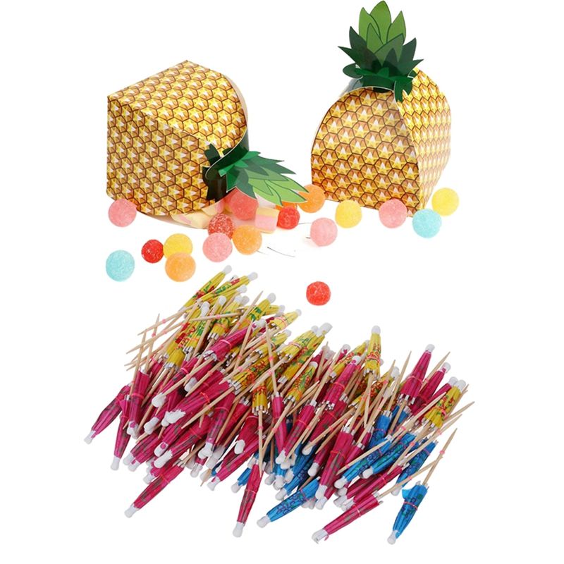 144x Paper Tropical Hawaiian Cocktail Drink Parasol Umbrella & 24Pcs Pineapple Favor Boxes 3D Large Pineapple Boxes Tropical Hawaiian Luau BBQ Summer Beach Pool - as shown