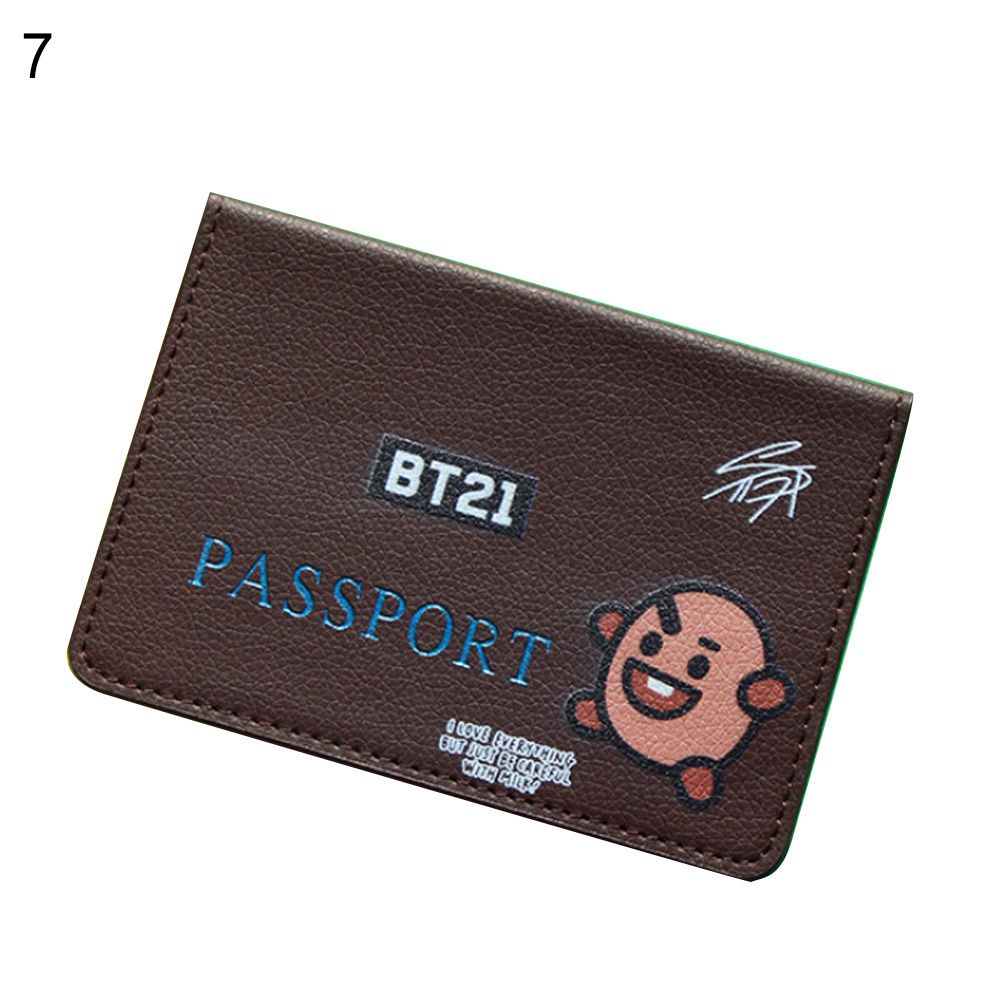 Ehousehold Fashion BTS Cartoon Print Faux Leather Passport Cover Holder Protective Case