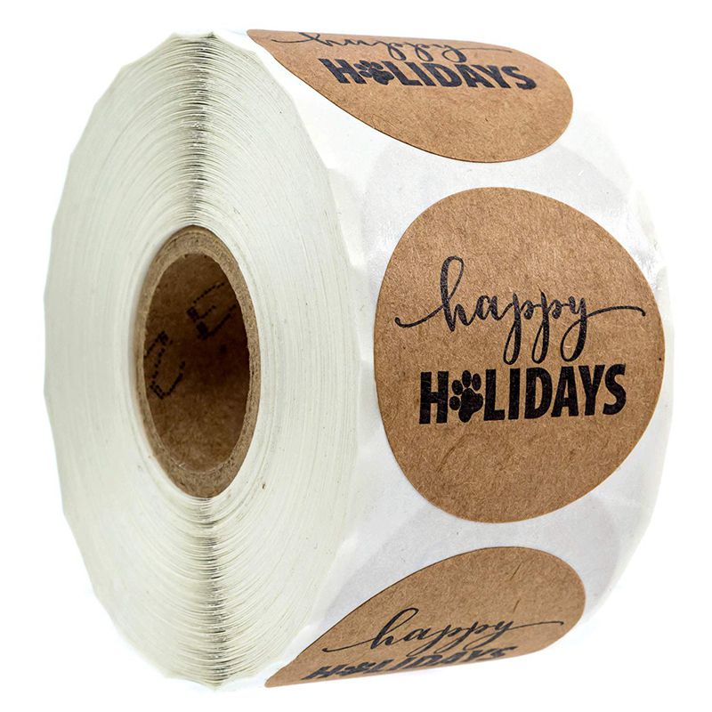 1 inch Happy Holidays Sticker With Paw Print / 500 Dog Paw Print Christmas Stickers Per Roll