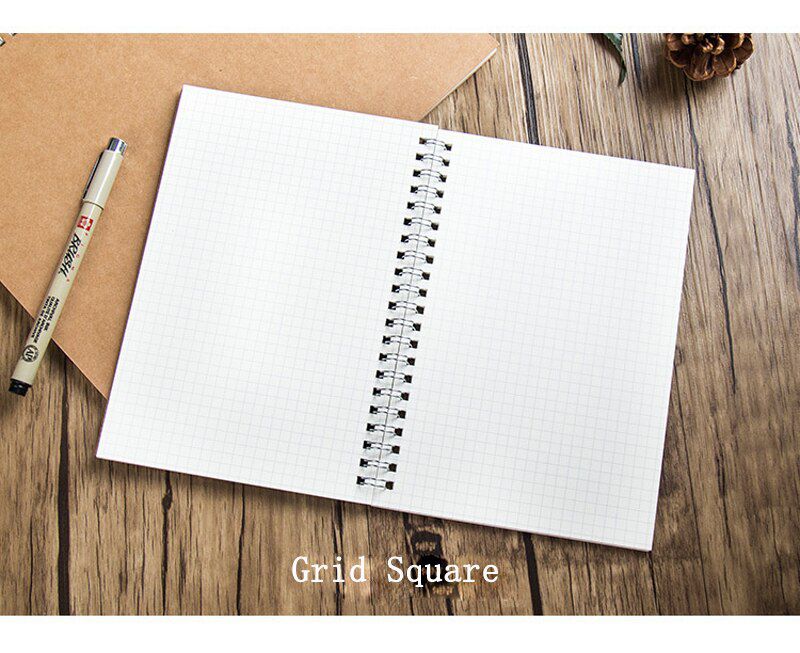 EZONE 16K/32K Spiral Notebook Kraft Paper Sketchbook Grid Square Line Paper Blank Pages Notebook Student Memopad Book 100 Pages