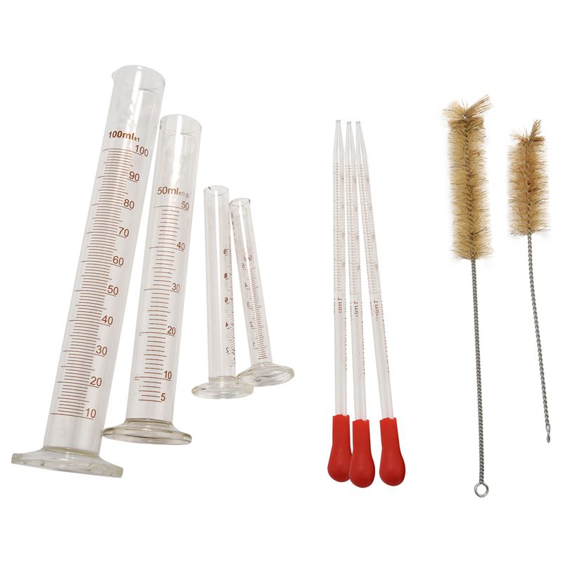 4 Measuring Cylinder - 5ml, 10ml, 50ml, 100ml - Premium Glass - Contains 2 Cleaning Brushes + 3 x 1ml Glass Pipettes