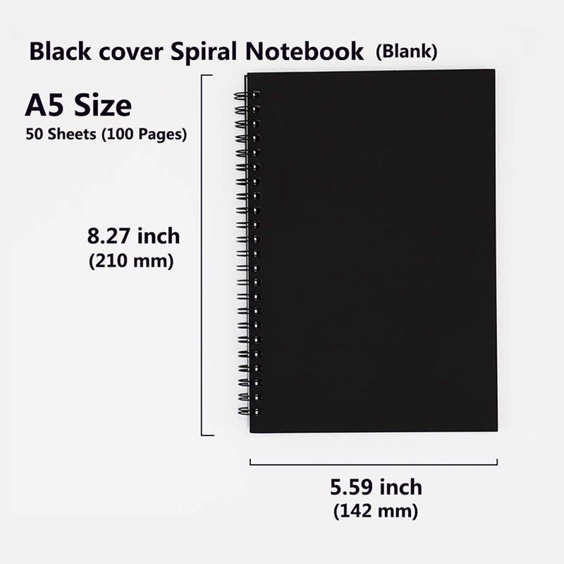 5Pcs A5 Black Spiral Notebook Blank Sketchbook Unruled Journal Pack Thick Blank Paper 50 Sheet 100 Unlined Pages