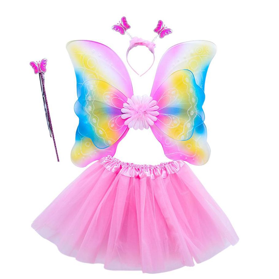 4Pcs Girls Fairy Costume Set Rainbow Butterfly Wings Three Layers Tulle Tutu Skirt Wand Headband Princess Halloween Party 3-8T