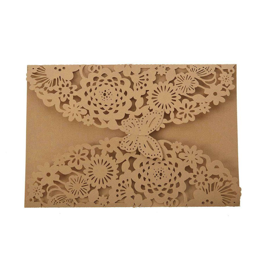 20Pcs/Set Delicate Carved Butterflies Romantic Wedding Party Invitation Card Envelope Invitations for Wedding:Golden Beige & Silver Charcoal , 18*12cm Invitation card - Not Specified