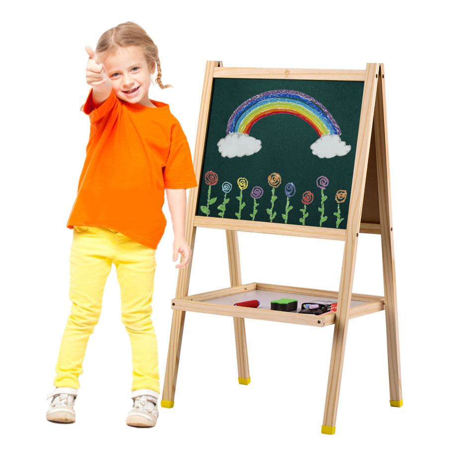 Wooden Art Easel Magnetic Double-Sided Chalkboard & Dry Erase Board Standing Easel Easy to Assemble with Storage Shelf and Accessories Great Gift for Children Girls and Boys