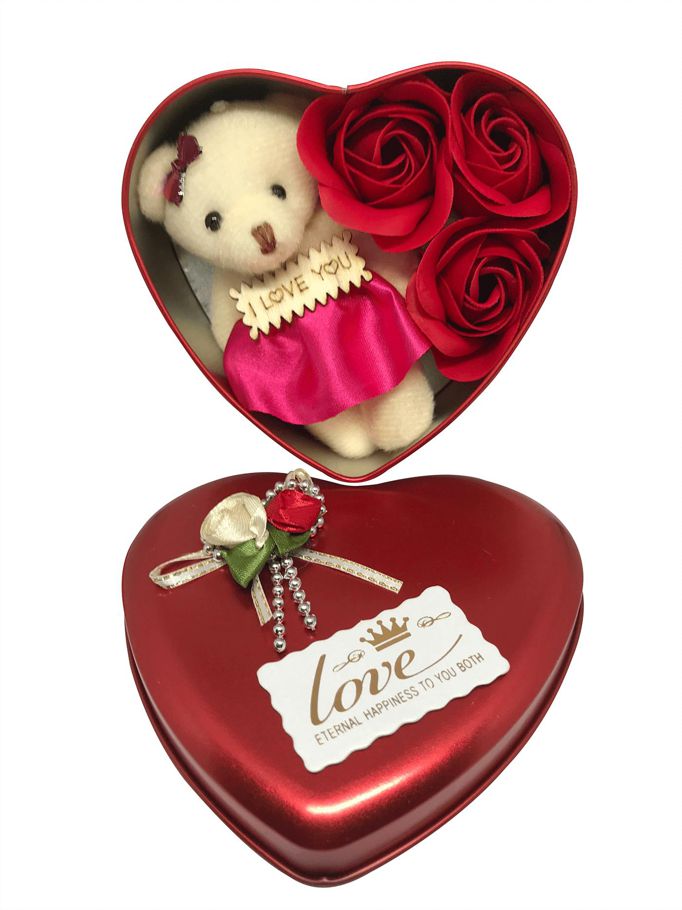 Valentine Supper Love Box (Flowers With Soft Teddy)-Red