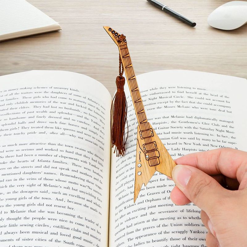 4 PCS Natural Bamboo Bookmarks with Tassels Retro Guitar Bass Bookmark for Reading Book Lovers DIY Craft Gift
