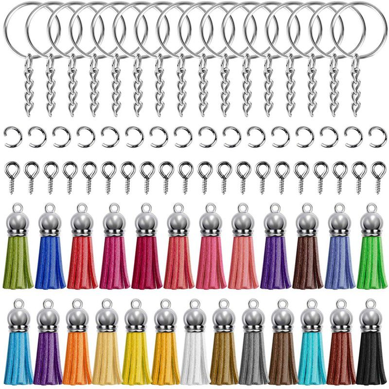 Keychain Tassles,Key Chains Set Comes with 50 Pieces Leather Tassels,50 Pieces Keychain Rings,50 Pieces Jump Rings and 50 Pieces Screw Eye Pins for Acrylic Blank Keychains Crafts