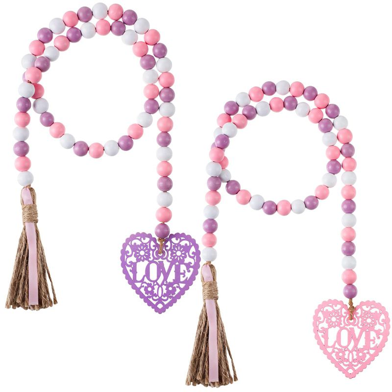 JAERBEE 2 Pieces Valentine's Day Heart Wooden Beads Hanging Garland Farmhouse Beads Prayer Bead for Tiered Tray Decor