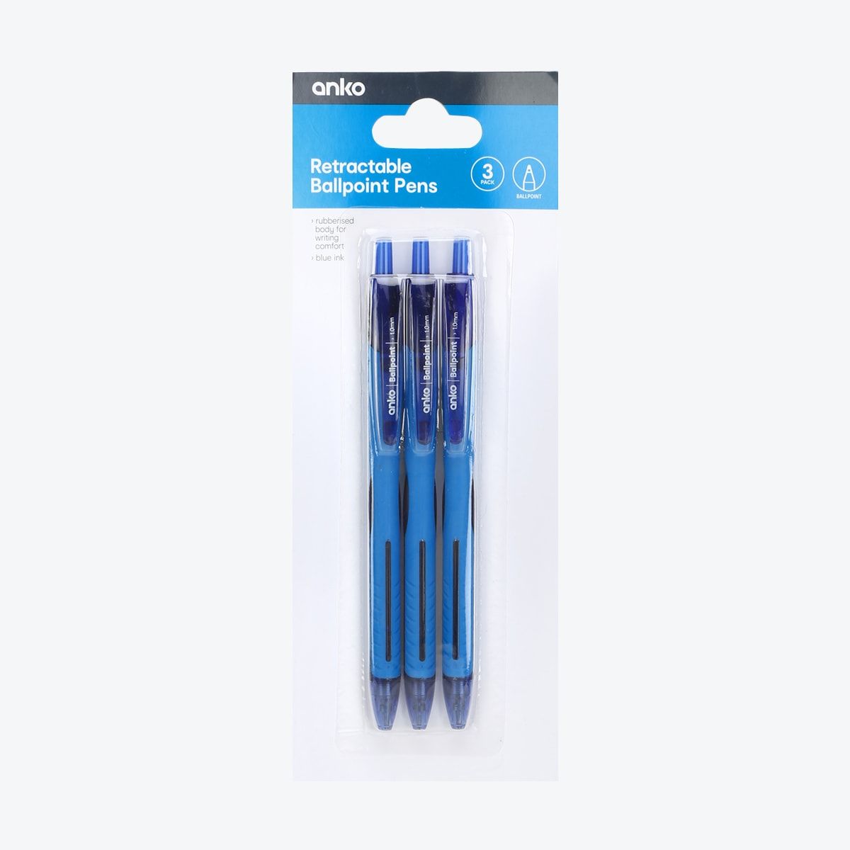 3 Pack Retractable Ballpoint Pens - Blue