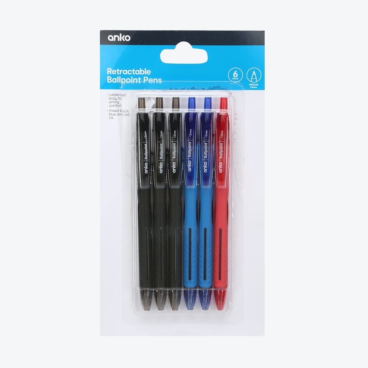 6 Pack Retractable Ballpoint Pens - Black, Blue and Red