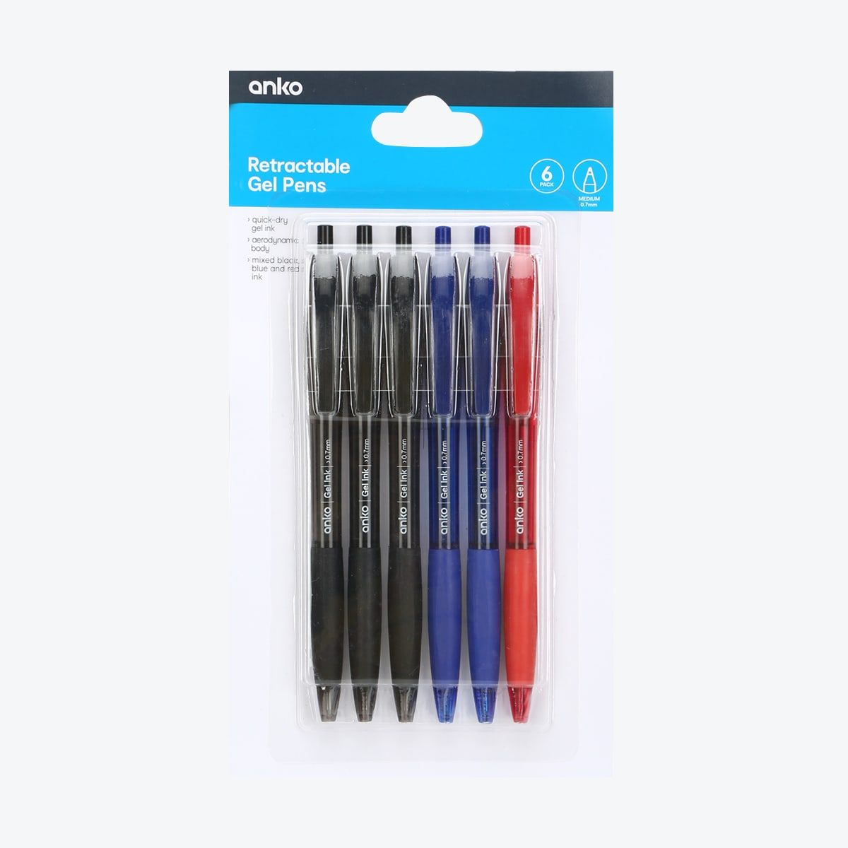 6 Pack Retractable Gel Pens - Black, Blue and Red