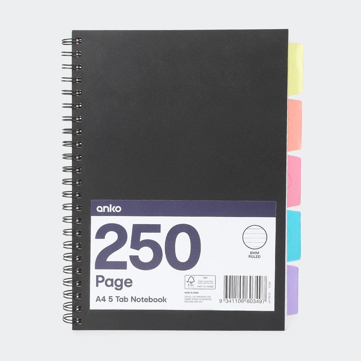 250 Page A4 5 Tab Notebook - Black