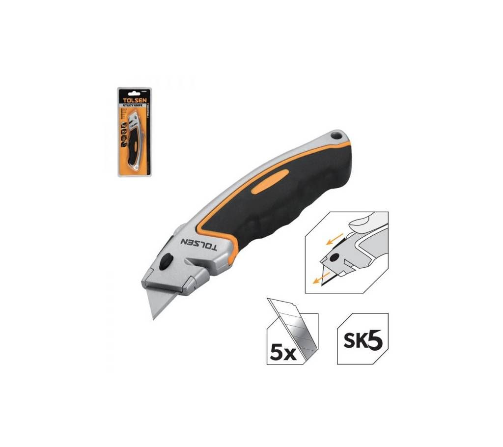 Tolsen Retractable TPR Utility Knife with 5pcs SK5 Blade (61x19mm) Industrial Series