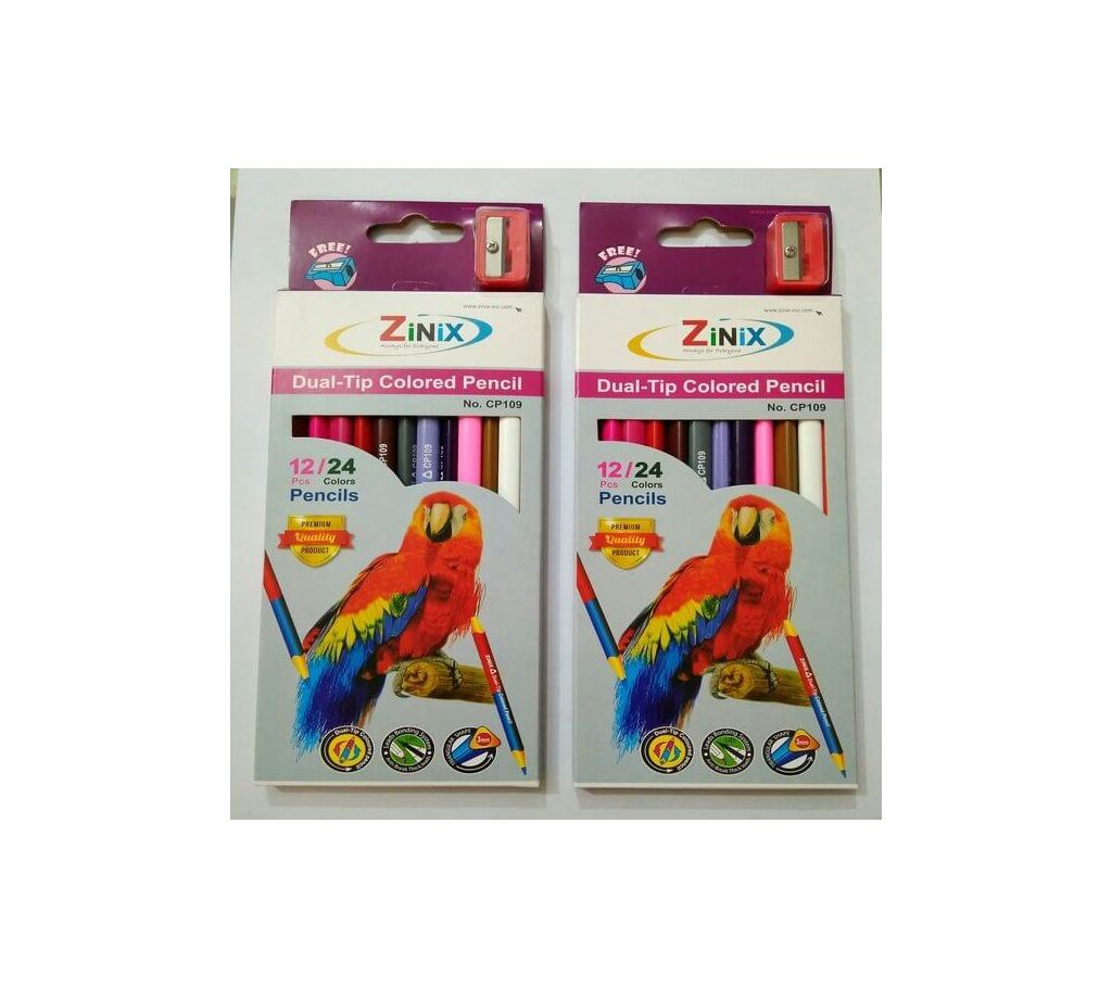 Zinix Dual Tip Double Color Pencils (Full size) 2 Packets (12 Pencils = 24 Colors)