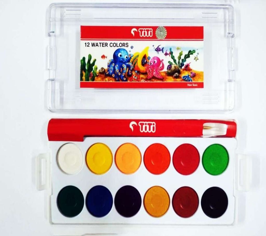 TiTi 12 Water Colors Solid Watercolor Paints Paint Box with Paintbrush Bright Color
