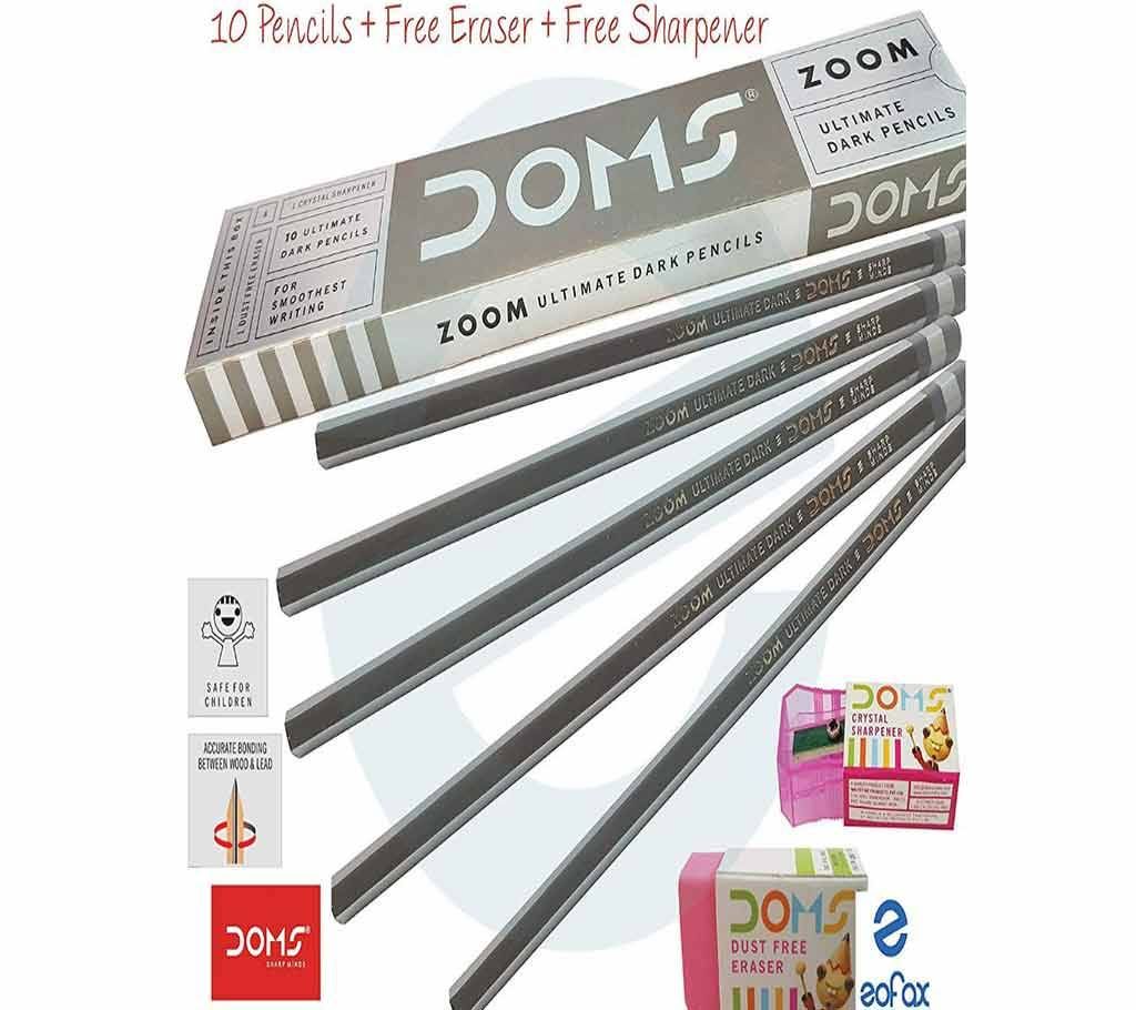 DOMS Zoom Ultimate Dark Pencils 10Pcs With Free 1 Eraser and 1 Sharpener