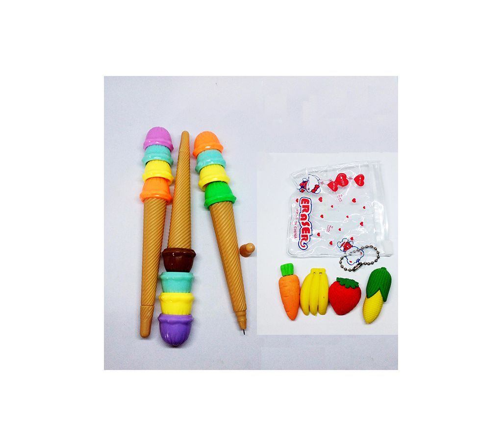 Cone Ice Cream Gel Pen And Fruits Eraser