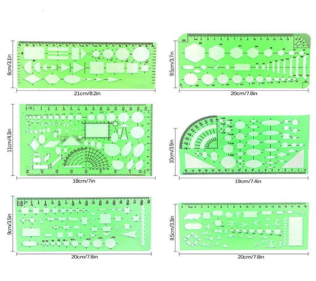 Kobwa Geometric Drawings Templates Measuring Rulers Plastic Clear Green Plastic Rulers