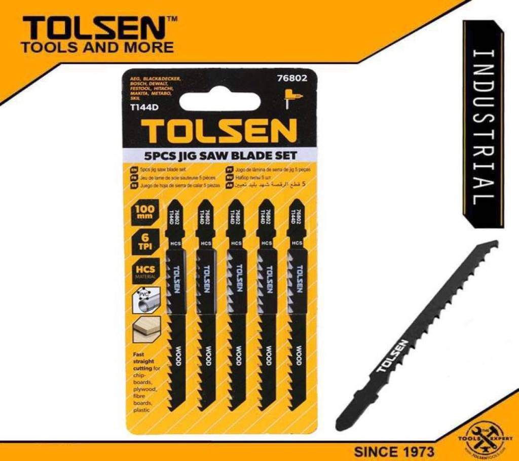 TOLSEN 5pcs Jigsaw Blades Set (100mm 6 TPI) T144D (Wood) Industrial 76802