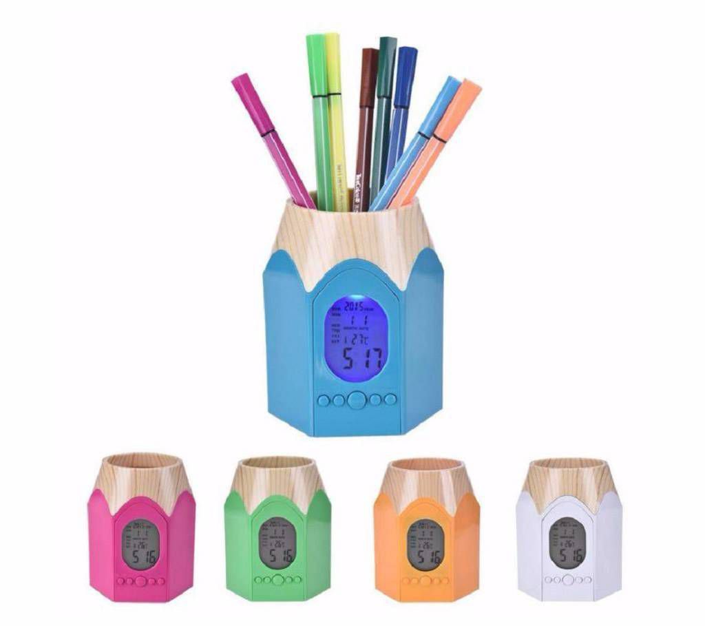 Pen and pencil holder with clock