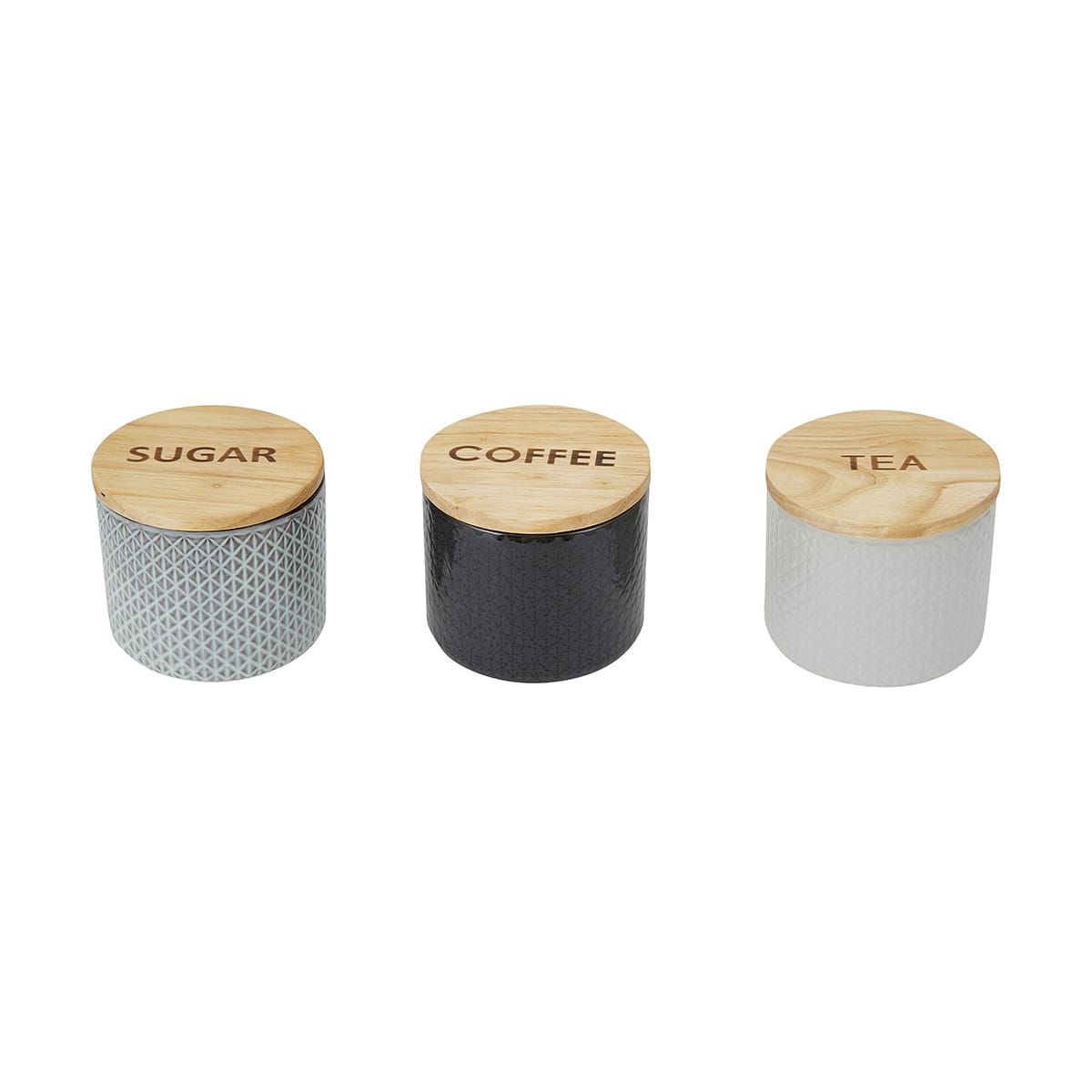Set of 3 Embossed Ceramic Tea, Coffee & Sugar Canisters