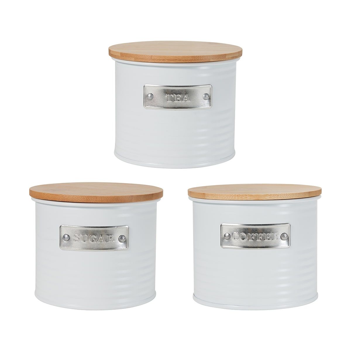 3 White Tin Canisters with Bamboo Lids