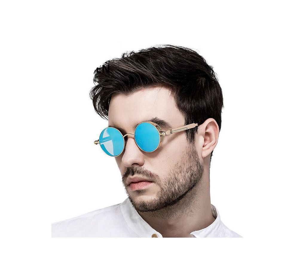 Blue Retro Round Gold Metal Polarized Sunglasses For Men