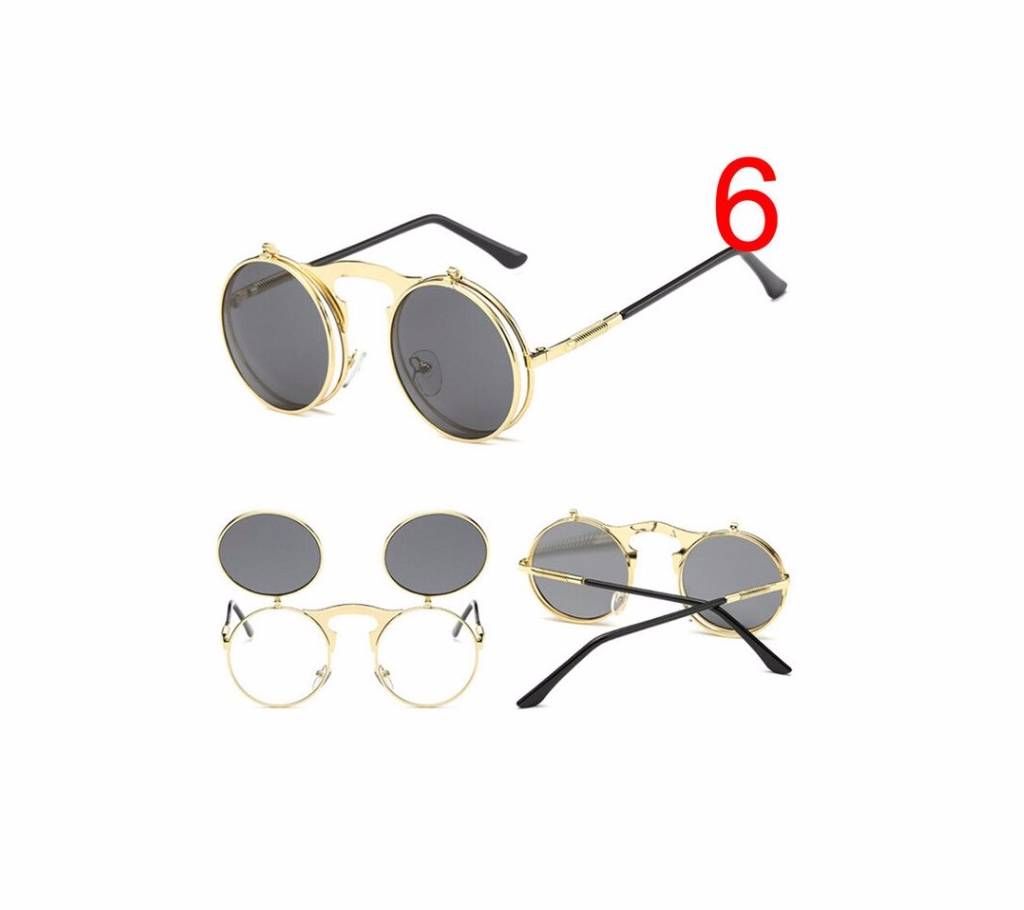 Steampunk  Round Double Glass Flip Metal Sunglasses