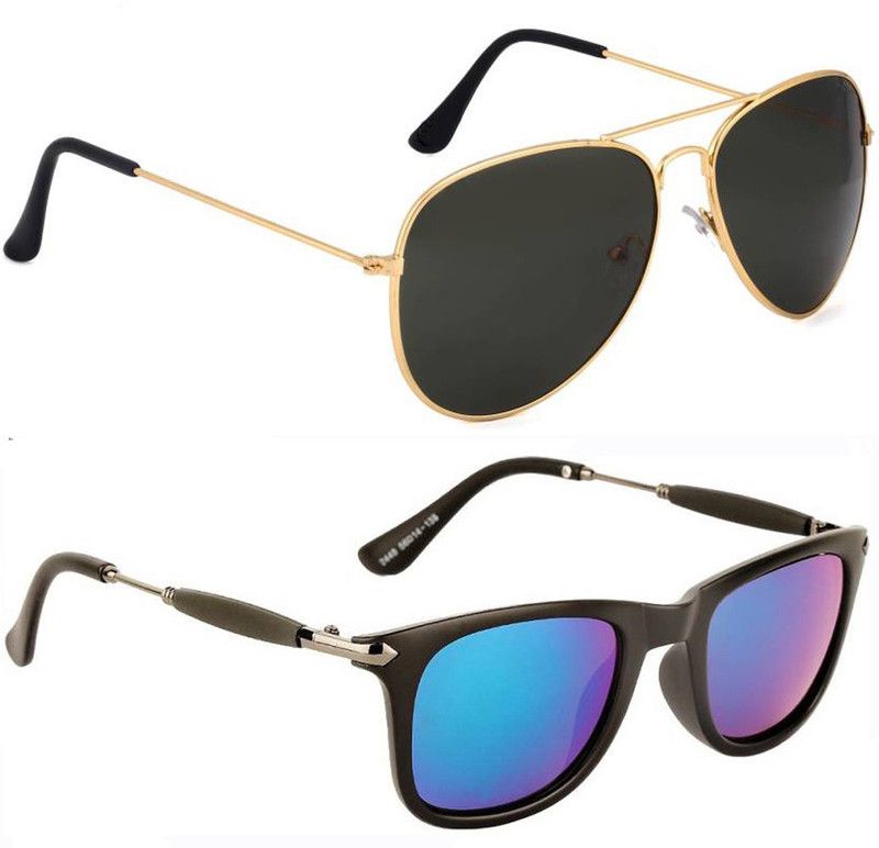 UV Protection, Mirrored Aviator, Wayfarer Sunglasses (Free Size)  (For Men & Women, Black, Green)
