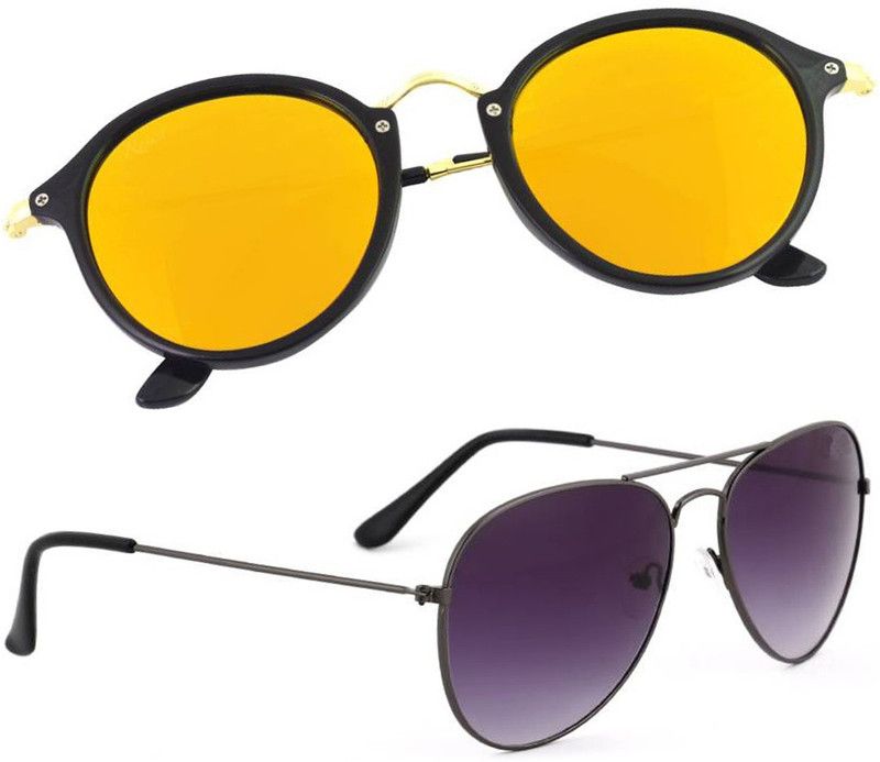 UV Protection, Mirrored Aviator, Cat-eye Sunglasses (Free Size)  (For Men & Women, Black, Yellow)