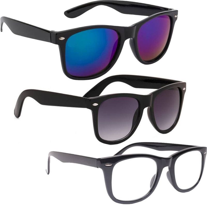 UV Protection, Mirrored Wayfarer Sunglasses (Free Size)  (For Men & Women, Black, Clear, Blue)