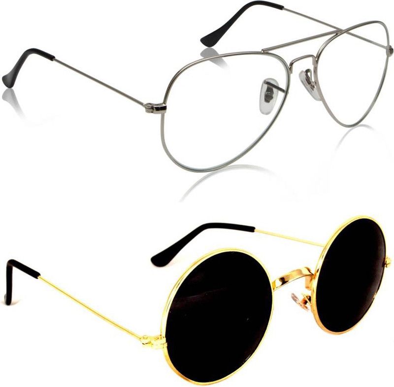 UV Protection, Mirrored Aviator, Round Sunglasses (Free Size)  (For Men & Women, Clear, Black)