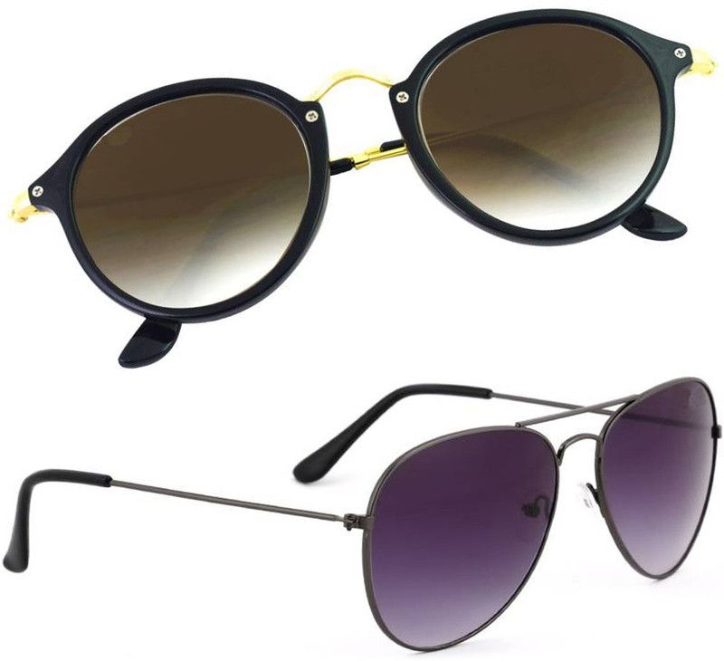 UV Protection, Mirrored Aviator, Round Sunglasses (Free Size)  (For Men & Women, Black, Brown)