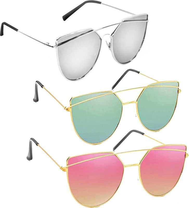 UV Protection, Mirrored Aviator Sunglasses (Free Size)  (For Men & Women, Green, Pink, Silver)