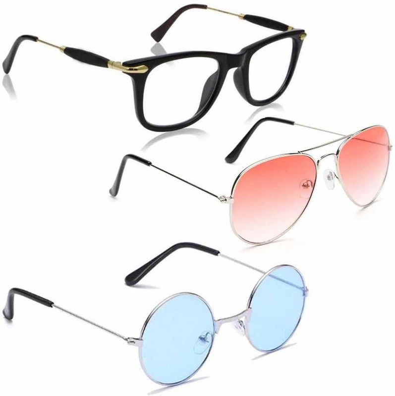 Polarized, Gradient, UV Protection, Others, Night Vision, Riding Glasses, Photochromatic Lens, Toughened Glass Lens Wayfarer, Round, Aviator Sunglasses (Free Size)  (For Men & Women, Clear, Pink, Blue)
