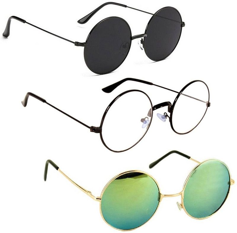 UV Protection, Mirrored Round Sunglasses (Free Size)  (For Men & Women, Black, Clear, Green)