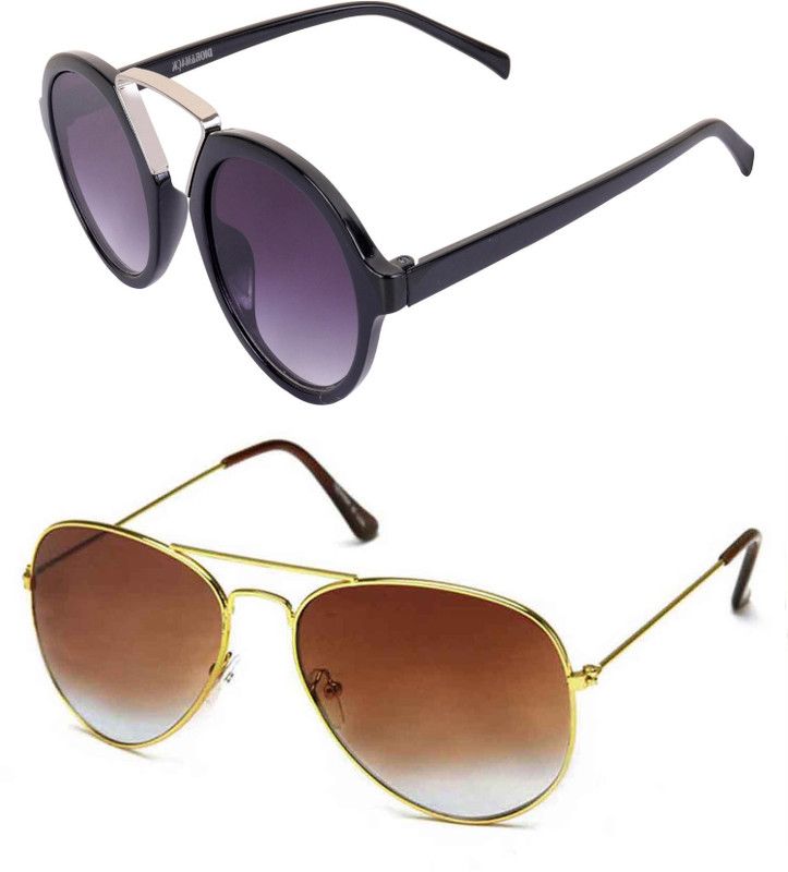 UV Protection Round, Aviator Sunglasses (Free Size)  (For Men & Women, Brown, Black)