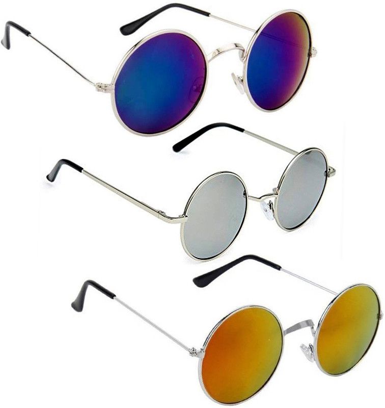 UV Protection, Mirrored Round Sunglasses (Free Size)  (For Men & Women, Blue, Silver, Yellow)
