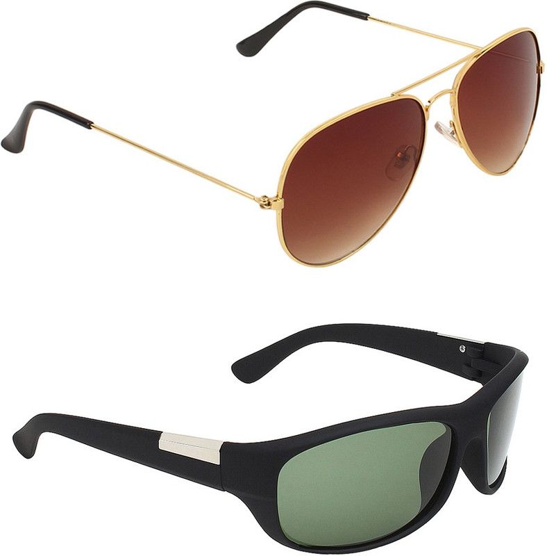 UV Protection Aviator, Wrap-around Sunglasses (Free Size)  (For Men & Women, Brown, Green)
