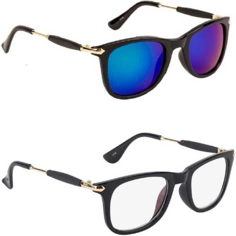 Polarized, UV Protection, Mirrored Wayfarer, Spectacle Sunglasses (Free Size)  (For Men & Women, Clear, Blue)