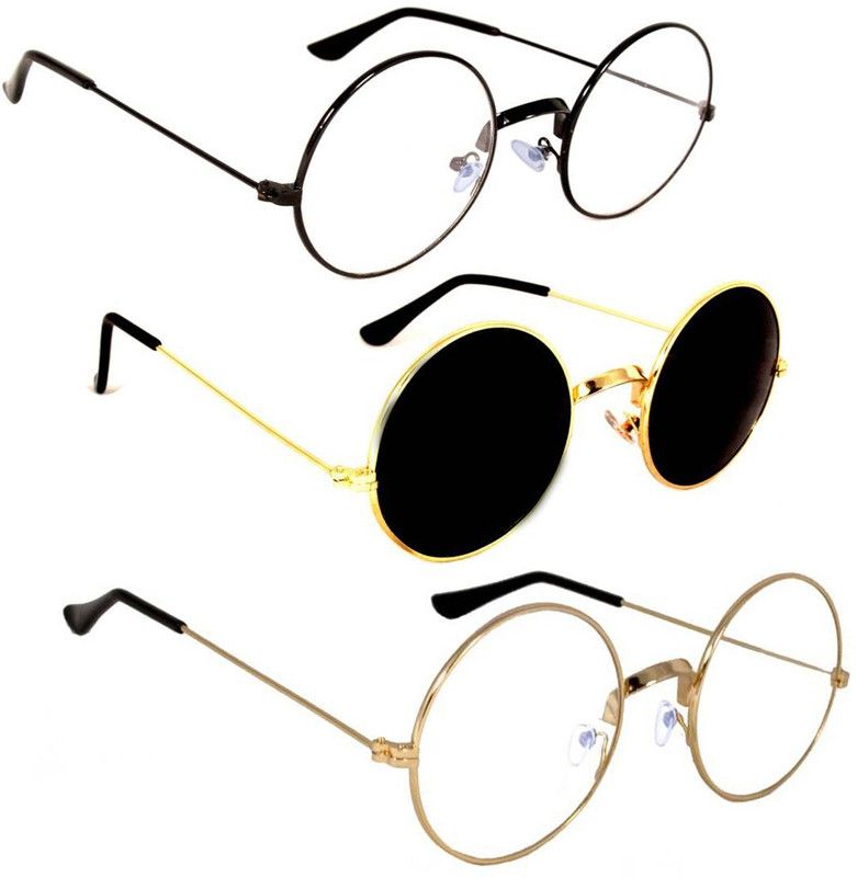 UV Protection, Mirrored Round Sunglasses (Free Size)  (For Men & Women, Clear, Black)