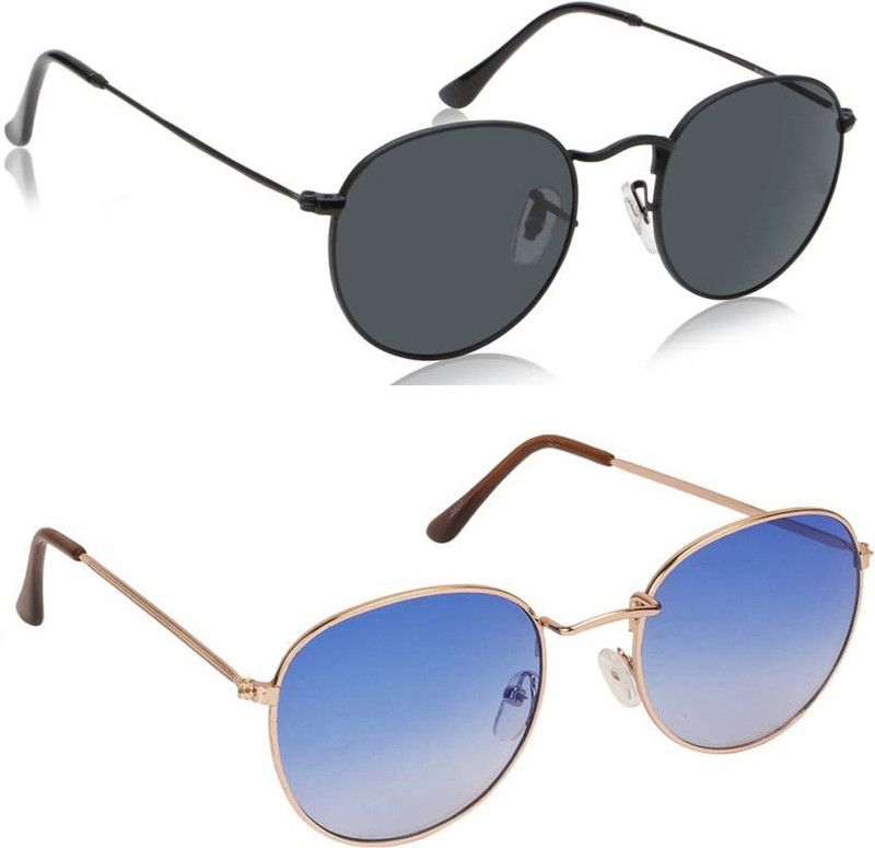 UV Protection, Mirrored Round Sunglasses (50)  (For Men & Women, Black, Blue)
