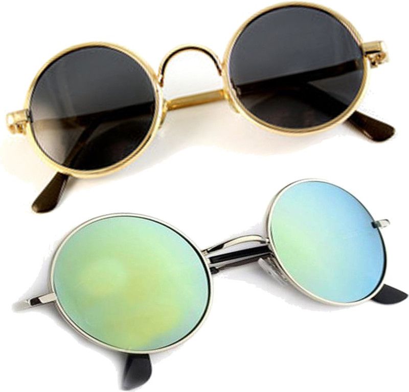 UV Protection, Mirrored Round Sunglasses (Free Size)  (For Men & Women, Black, Green)