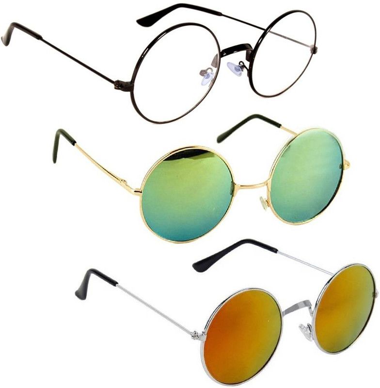 UV Protection, Mirrored Round Sunglasses (Free Size)  (For Men & Women, Clear, Green, Yellow)