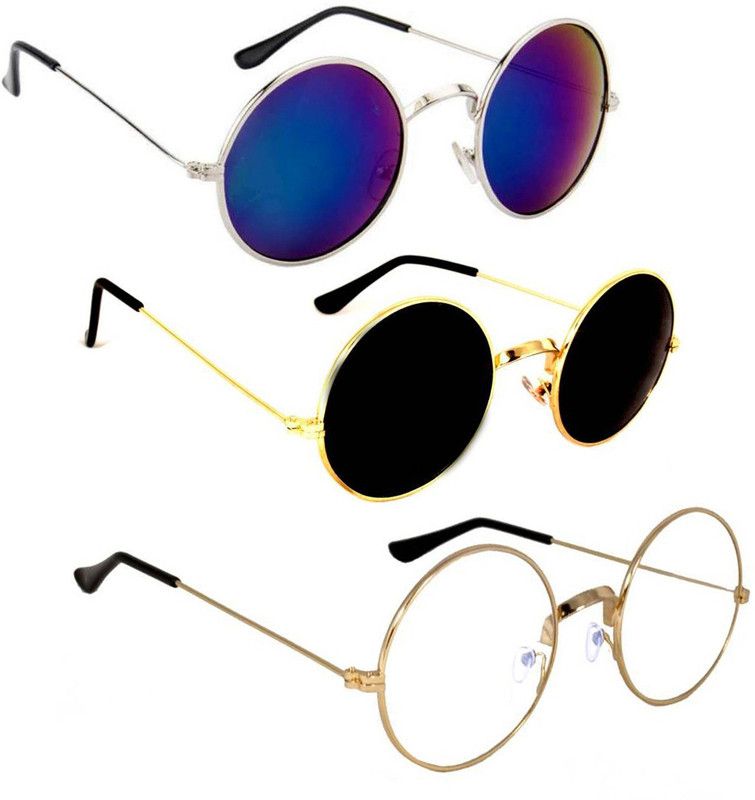 UV Protection, Mirrored Round Sunglasses (Free Size)  (For Men & Women, Blue, Black, Clear)